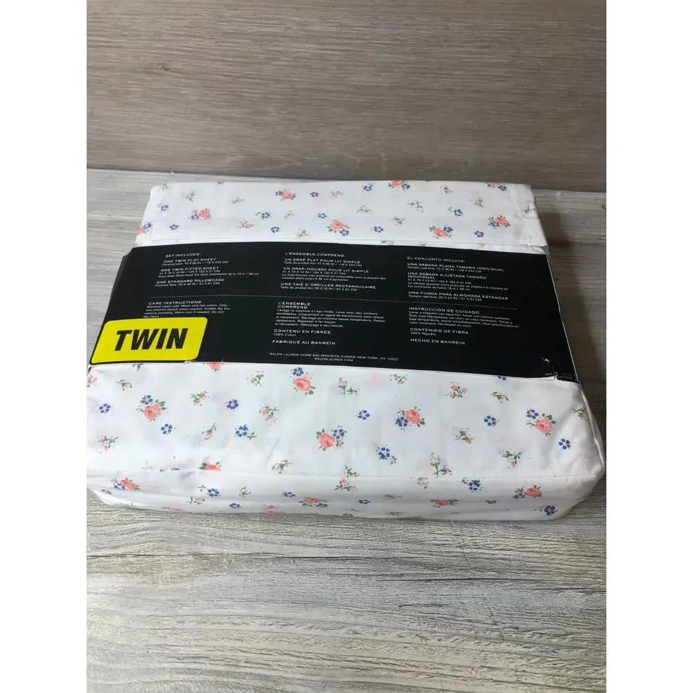 Ralph Lauren Twin Sheet Set 3pc Floral Pink & Blue Flowers White Cotton New